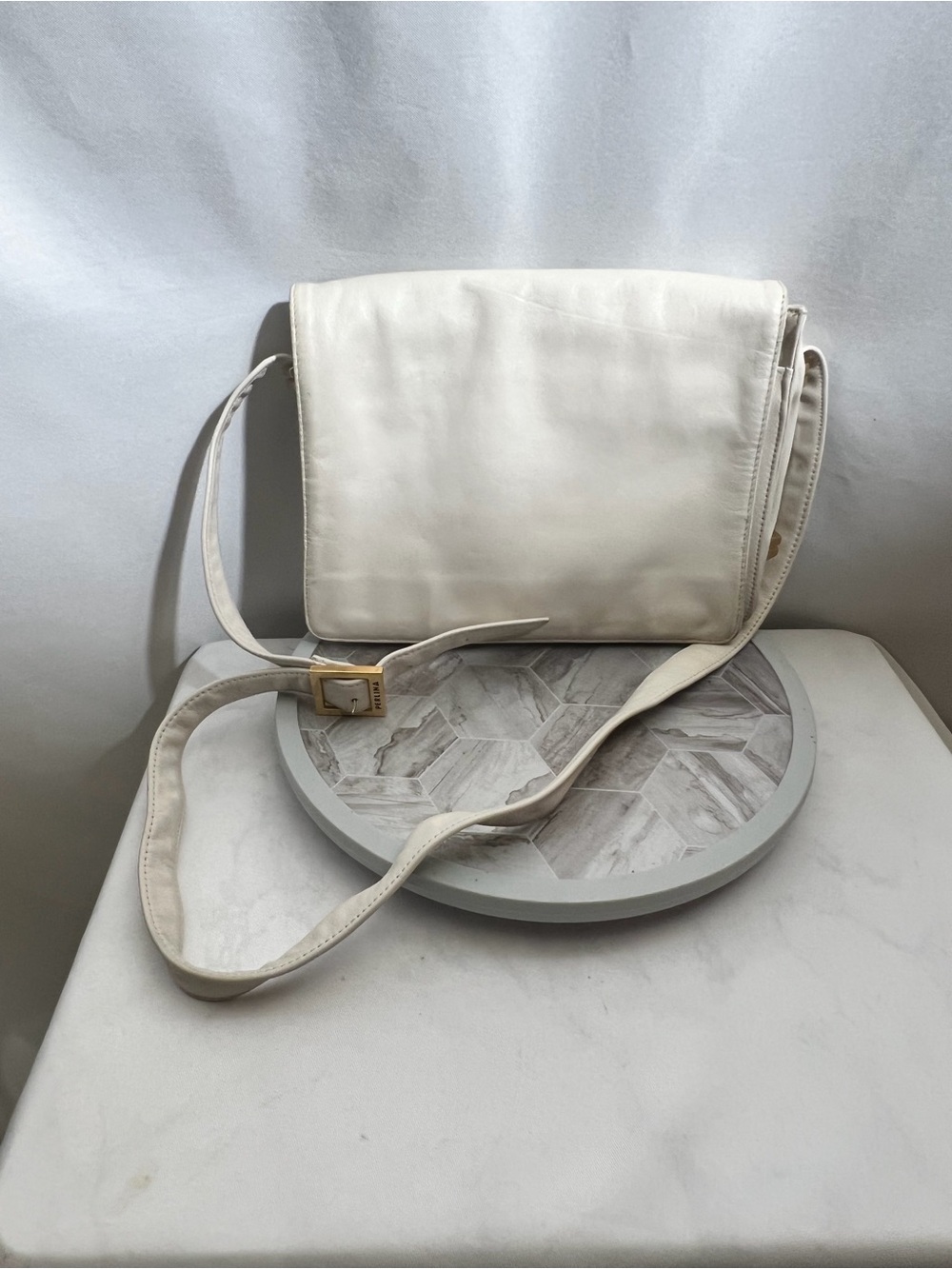 Perlina New York Ivory Leather Crossbody Shoulder Bag Gold Buckle Flap Purse